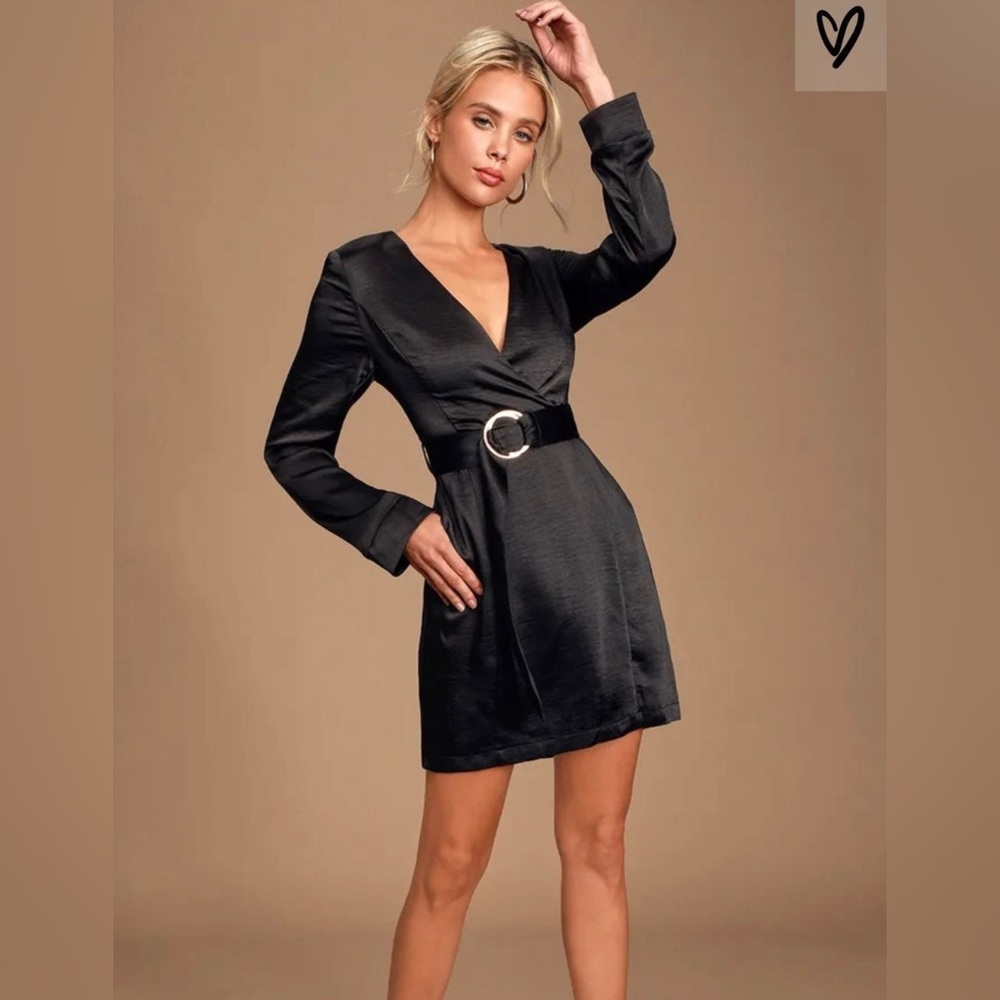 Lulus Elisha Satin Long Sleeve Belted Mini Dress - Black